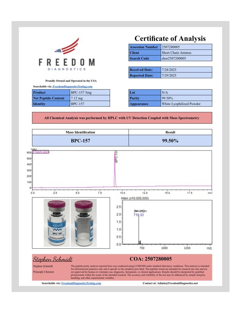View the official BPC-157 Certificate of Analysis (COA) featuring verified purity results, batch identification, and a lab-tested peptide vial image confirming quality and authenticity.